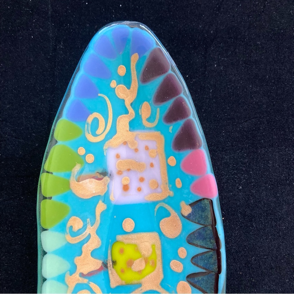 Handmade Aqua Blue Glass Oval Bowl with Fused Paint Gold Accents 10”x4” - Picture 5 of 9